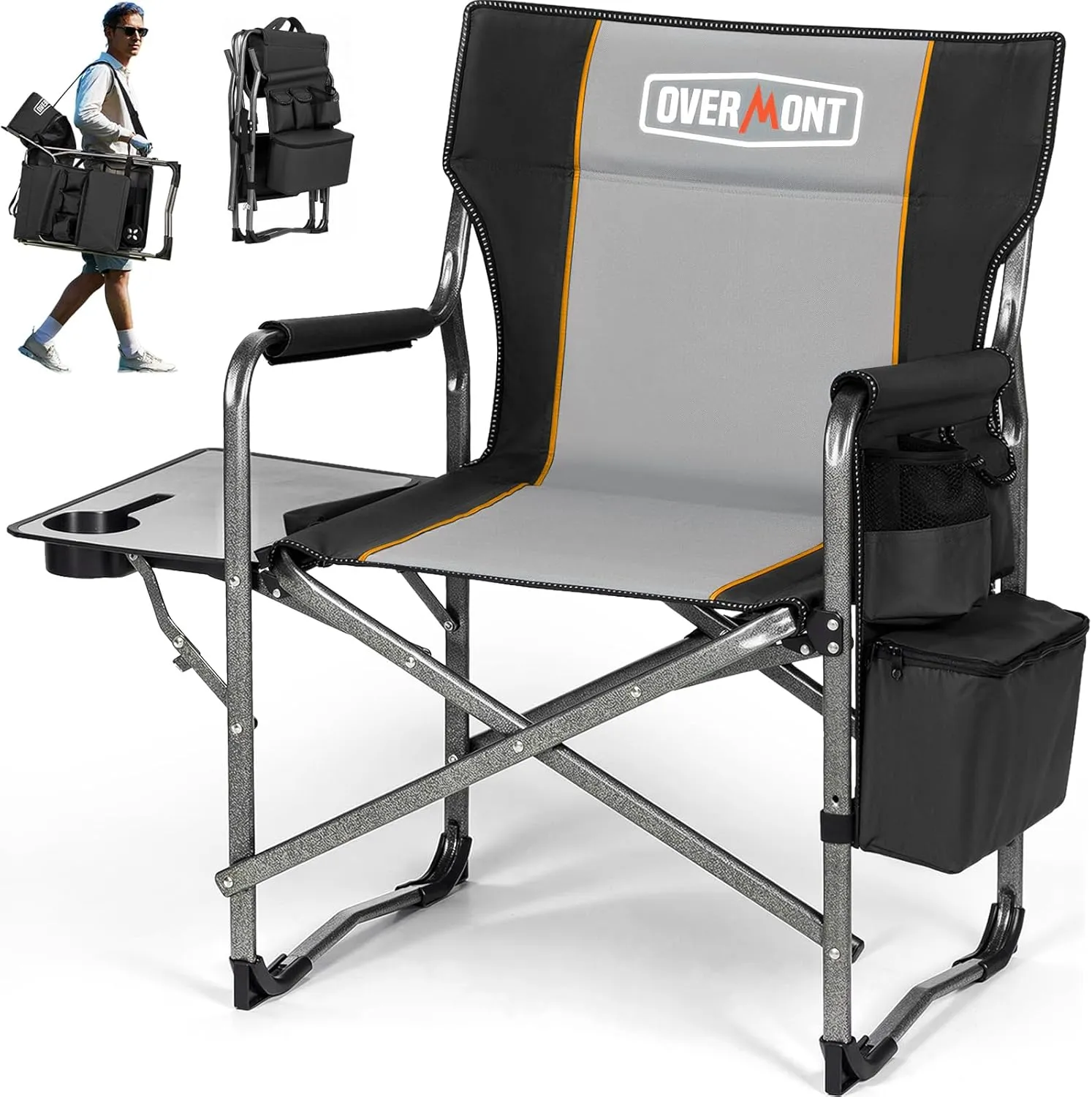 Overmont Oversized Lightweight Camping Chair - Comfortable Heavy Duty Foldable Directors Chairs with Side Table & Cooler Bag for Outside Camp Beach Picnic Lawn and Fishing Supports 400lbs