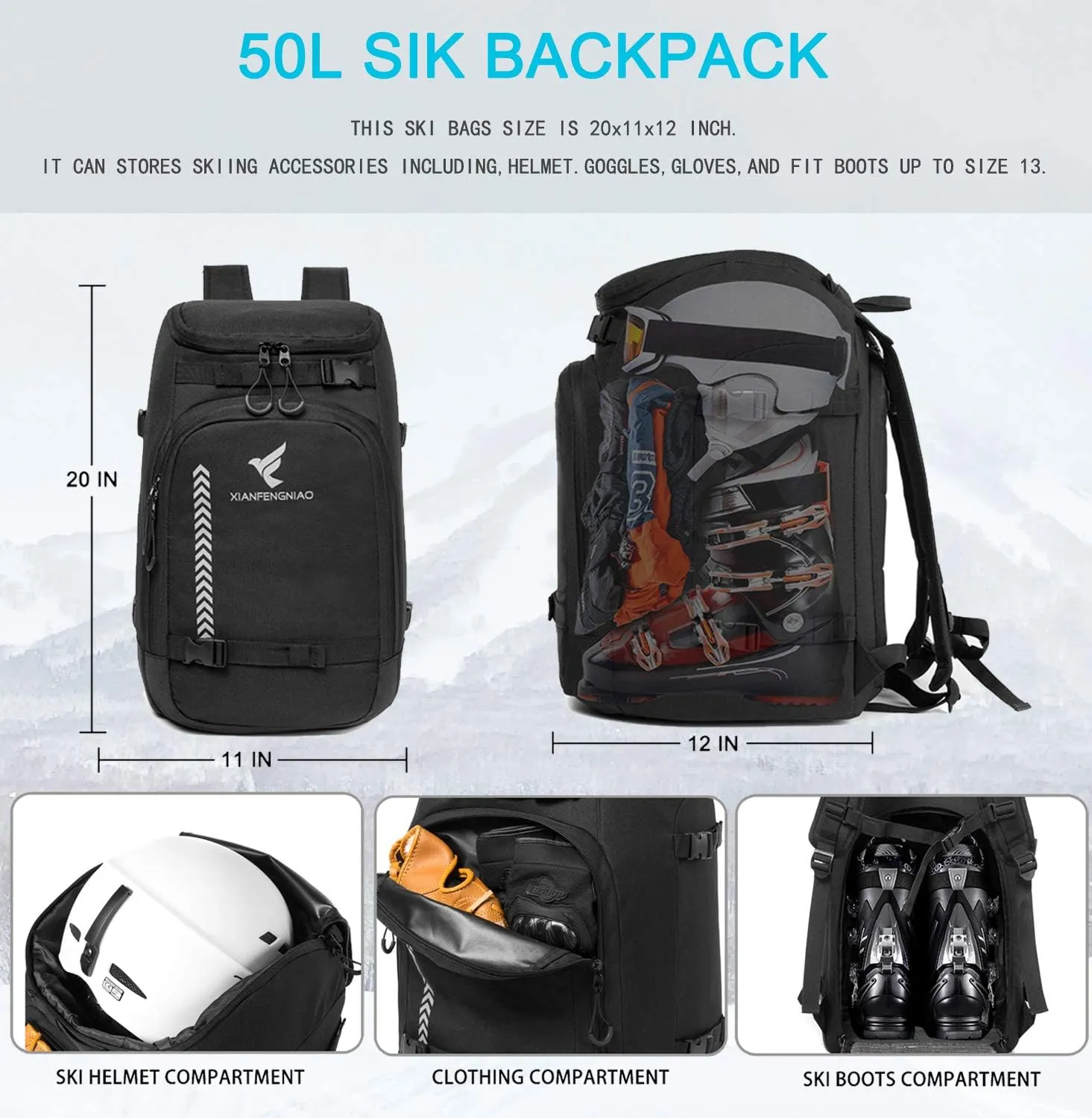 Ski Boot Bag,50L Waterproof Ski Boot Travel Backpack for Snowboard Boots, Skiing Helmet, Goggles, Gloves, Skis, Snowboard & Accessories for Men,Women and Youth