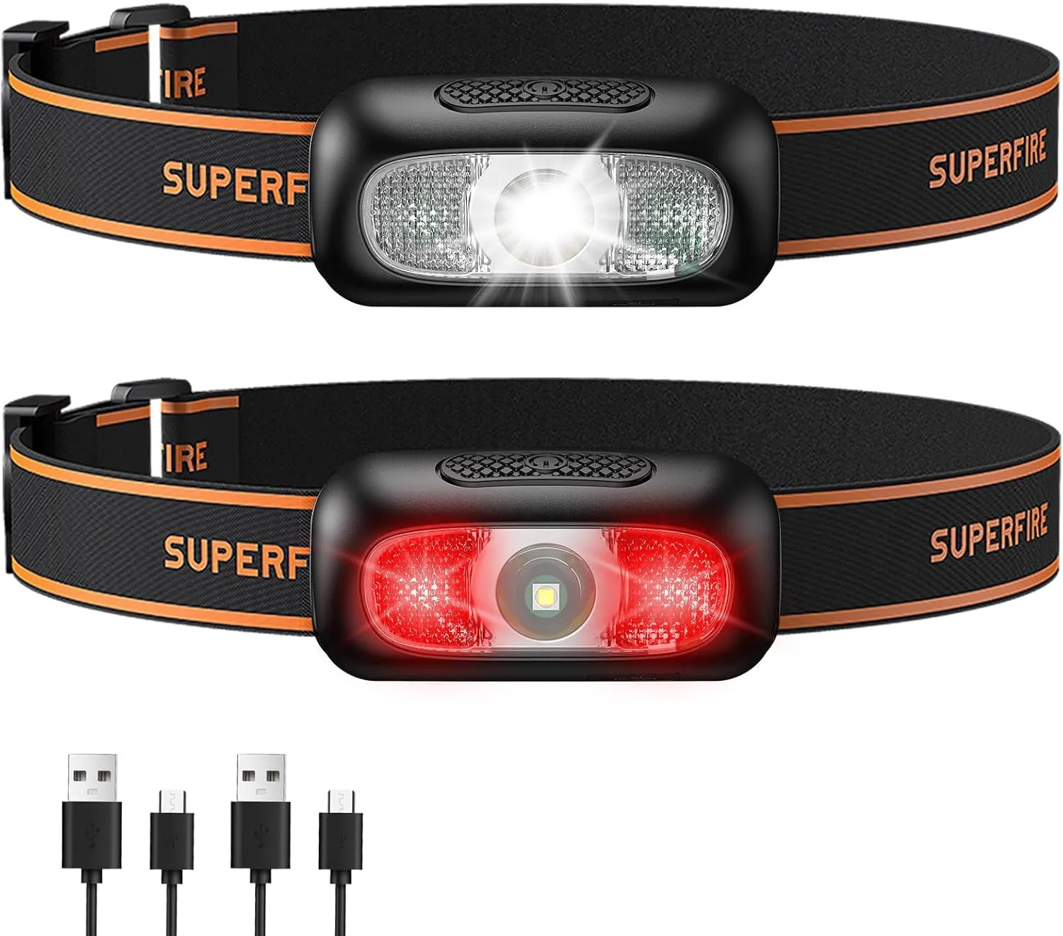 SuperFire Rechargeable Headlamp 2PCS, Super Bright 1000 Lumen LED Headlamps, 5 Modes Waterproof Lightweight Head Flashlight for Outdoor Camping, Hiking, Hunting, Running, Survival, Red Light