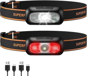 SuperFire Rechargeable Headlamp 2PCS, Super Bright 1000 Lumen LED Headlamps, 5 Modes Waterproof Lightweight Head Flashlight for Outdoor Camping, Hiking, Hunting, Running, Survival, Red Light