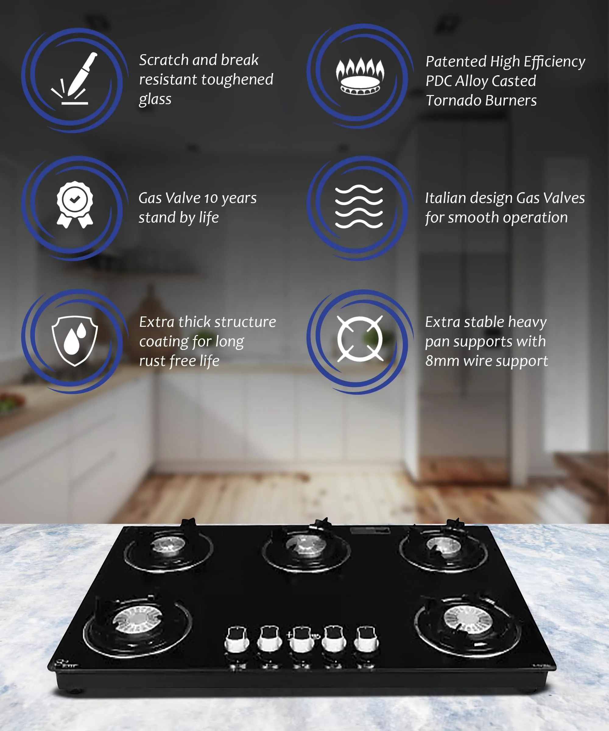 Thermador Gas Stoves | Premium Glass Hob | For Efficient Cooking by Home Chefs | Heavy Pan Support 5 Burner Design Scratch-Resistant |