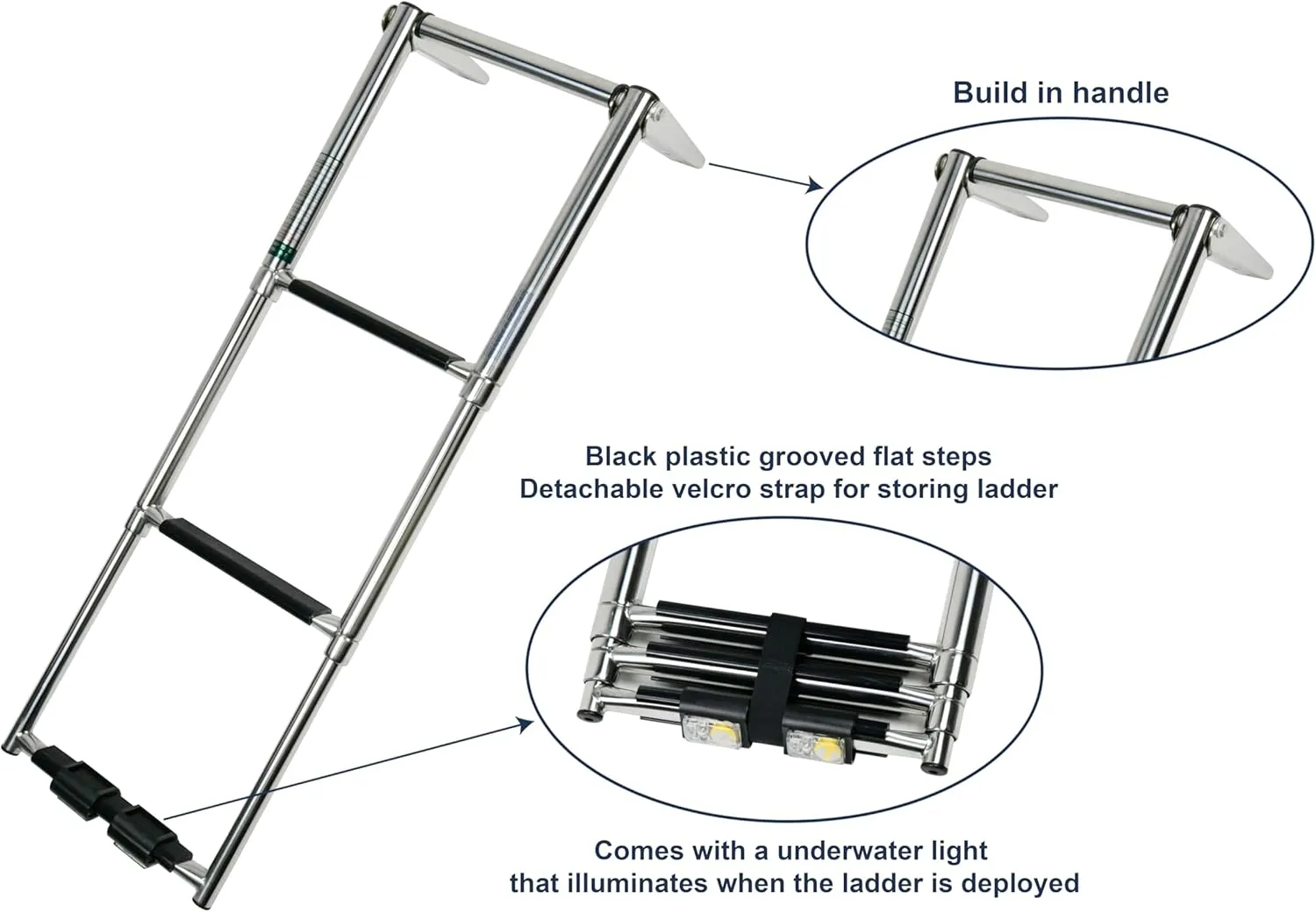 Vinland Marine 3-Step Over Platform Boat Ladder w/Horizontal Handle 304 Stainless Steel Telescoping Boat Ladder Pontoon, Bass, Jon
