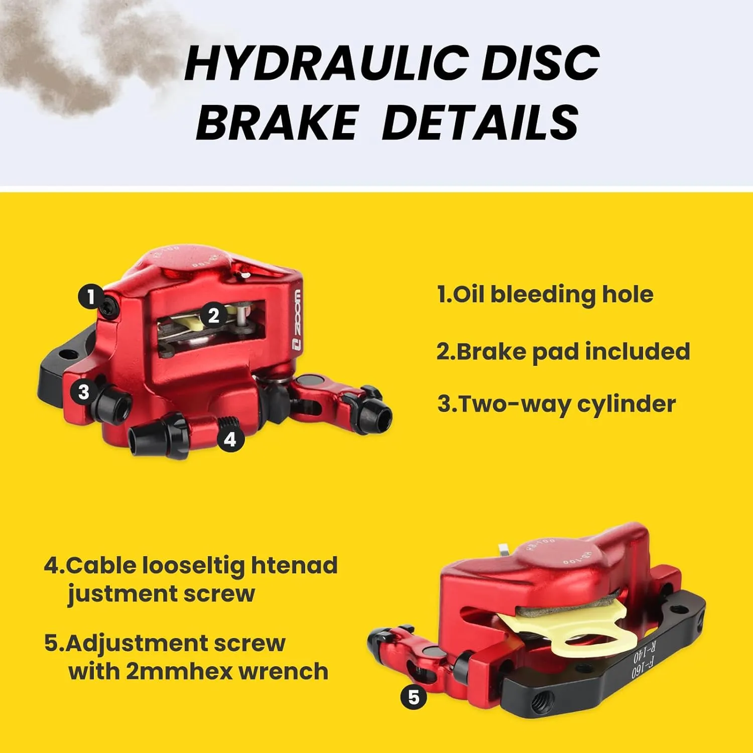 Zoom Hydraulic Disc Brake Calipers: HB-100 MTB Bike Disc Brakes Front & Rear Caliper Set for Mountain, Road Bicycle and E-Bike