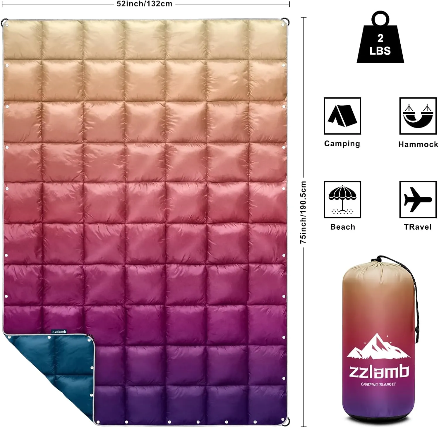 zzlamb Camping Blanket, Outdoor Lightweight Travel Blanket Puffy Portable Down Alternative, Windproof Warm Cloak with Snaps, Cozy Quilt Backpacking Picnic RV Plane Car Hammock Beach Climbing
